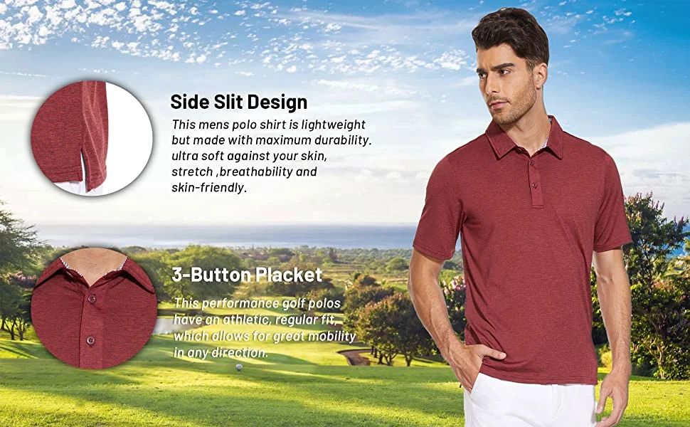 5% off Men′s Short Sleeve Polo Golf Shirts 3-Button Moisture Wicking Athletic T-Shirts Casual Collared Shirt