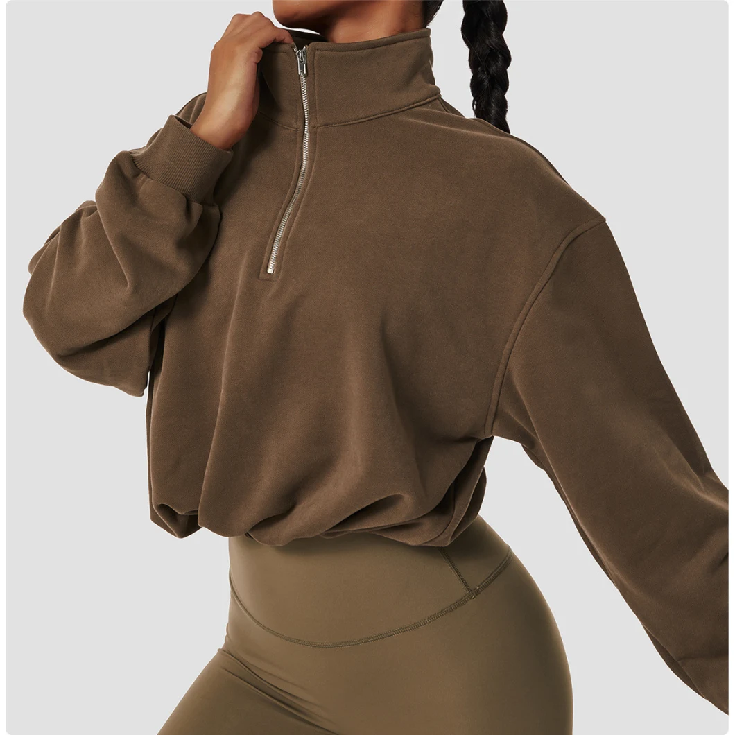 Bcx6464 Women Pullover High Collar Fitness Sports Yoga Hoodies Outdoor Running Drawstring Zipper Loose Long Sleeve Top