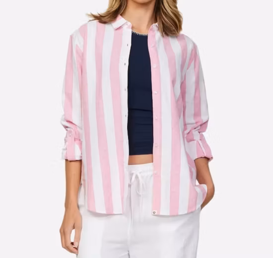 퓨어 린넨으로 제작된 쉐인 레인보우 컬러 스트라이프 여성 ST 셔츠